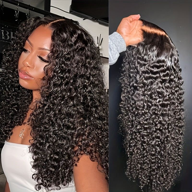 180% Density 4x4 HD Transparent Lace Front Wig - 40" Long Brazilian Virgin Human Hair #1B Afro Curly/Kinky Deep Wavy Wig with Tiny Knots, Glueless Pre-Cut & Pre-Plucked Baby Hair for Women of All Ethnicities, Natural Hairpiec